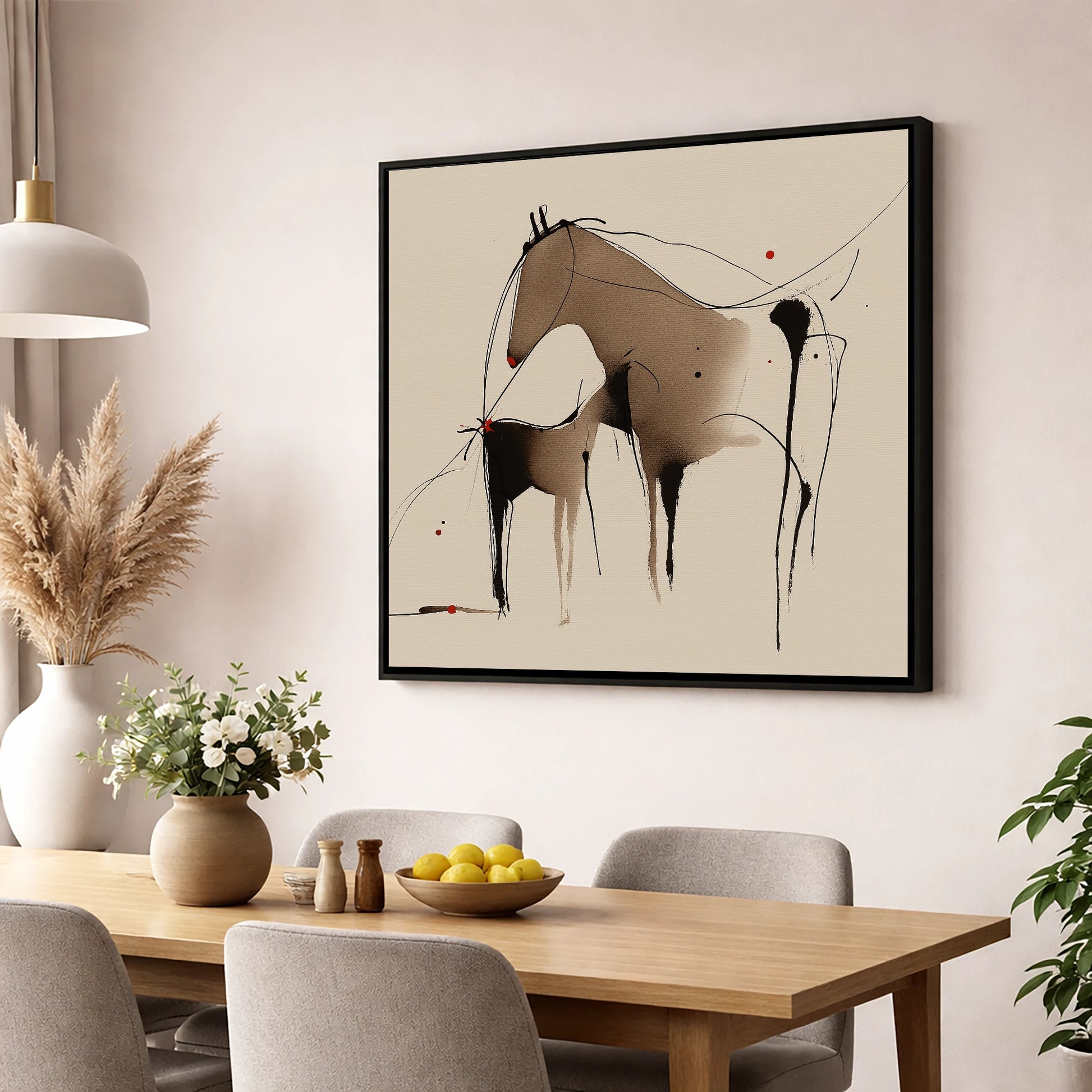 Minimalist Mare and Foal mare & foal wall art displayed in a dining room
