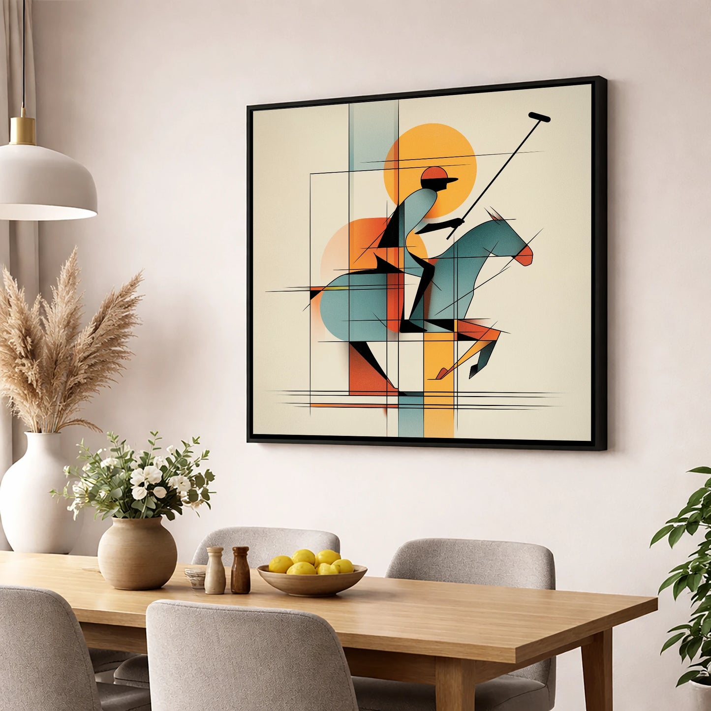 Structured Chukka polo horse wall art displayed in a dining room
