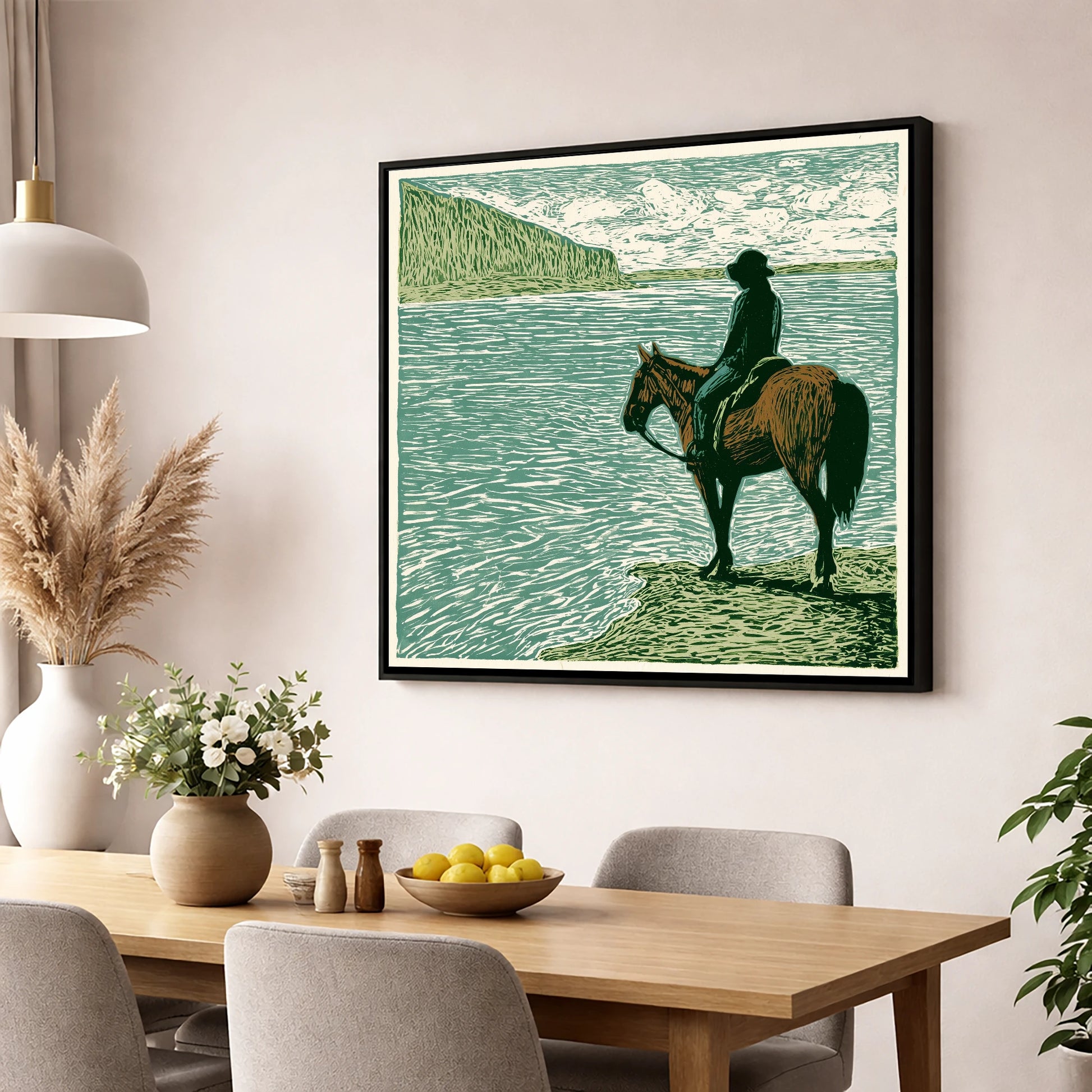 Watching the Tide beach horse wall art displayed in a dining room