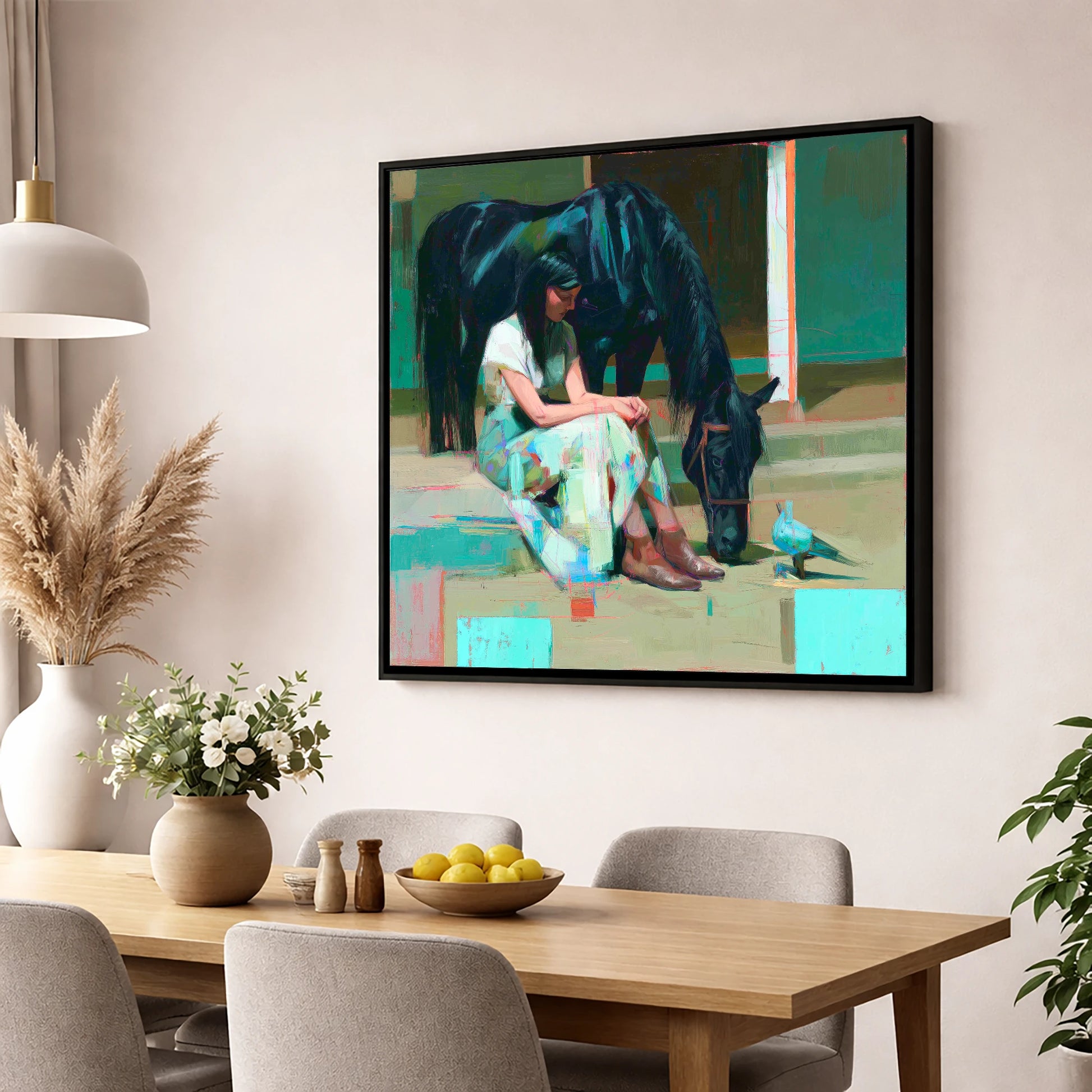 Stillness in the Yard horse & rider wall art displayed in a dining room