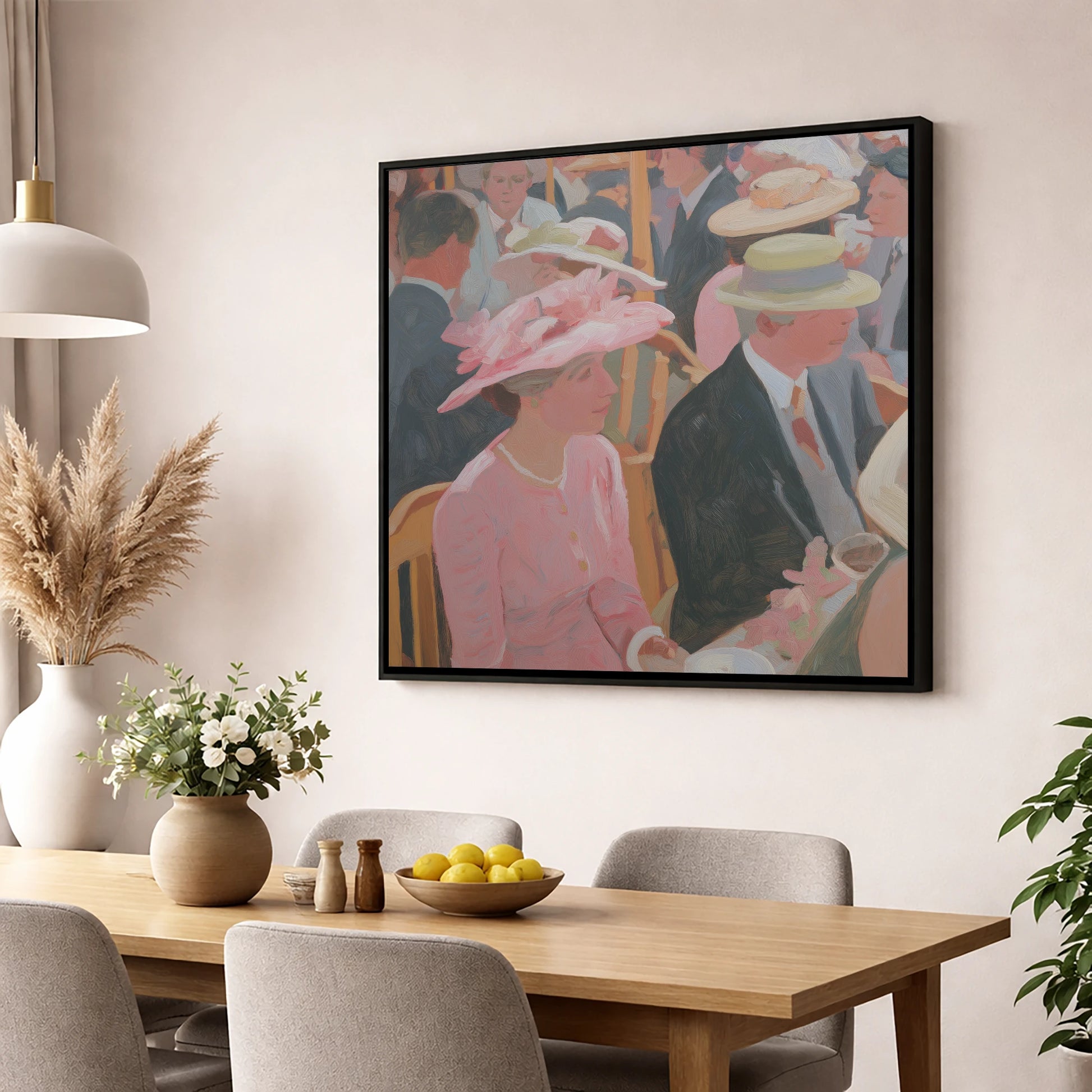 Summer Meet Elegance racing horse wall art displayed in a dining room