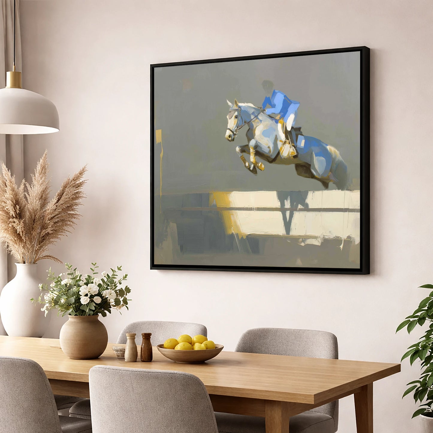 Ascent in Blue show jumping horse wall art displayed in a dining room