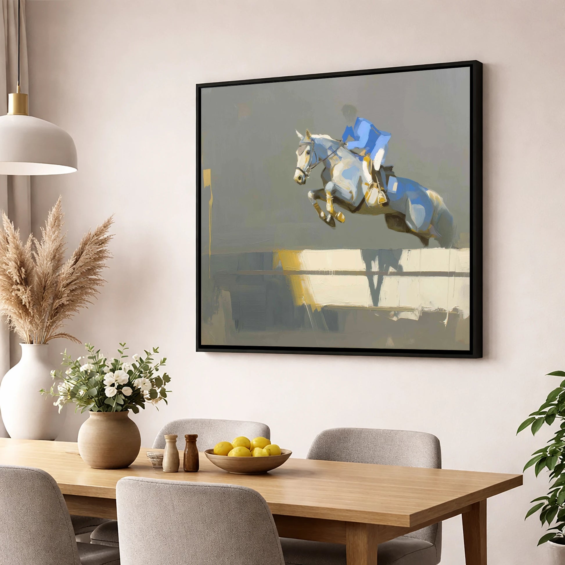 Ascent in Blue show jumping horse wall art displayed in a dining room