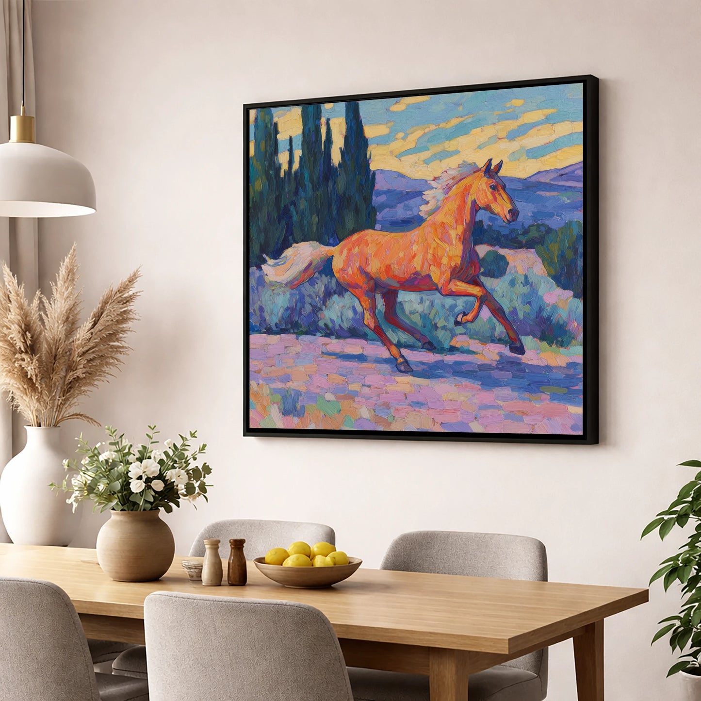 Vibrant Golden Canter horse breed wall art displayed in a dining room