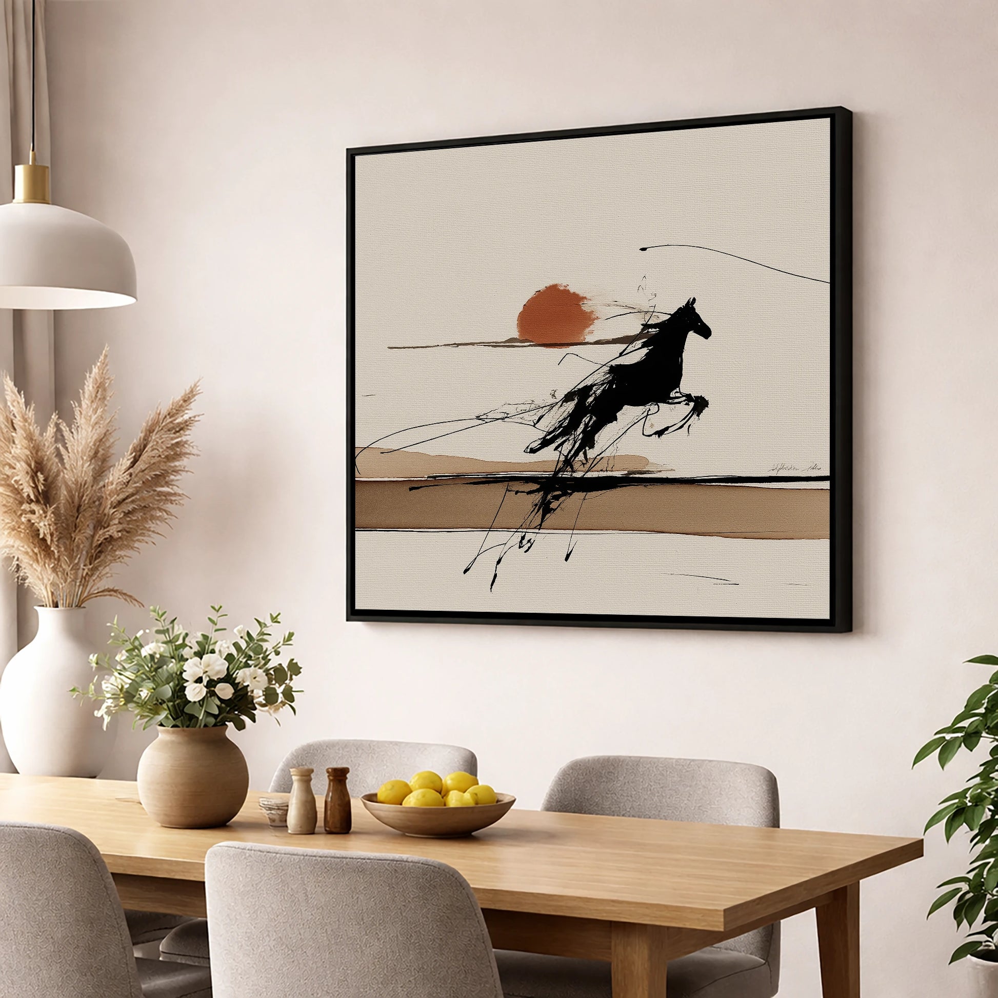 Wild Horizon Flight wild horses wall art displayed in a dining room