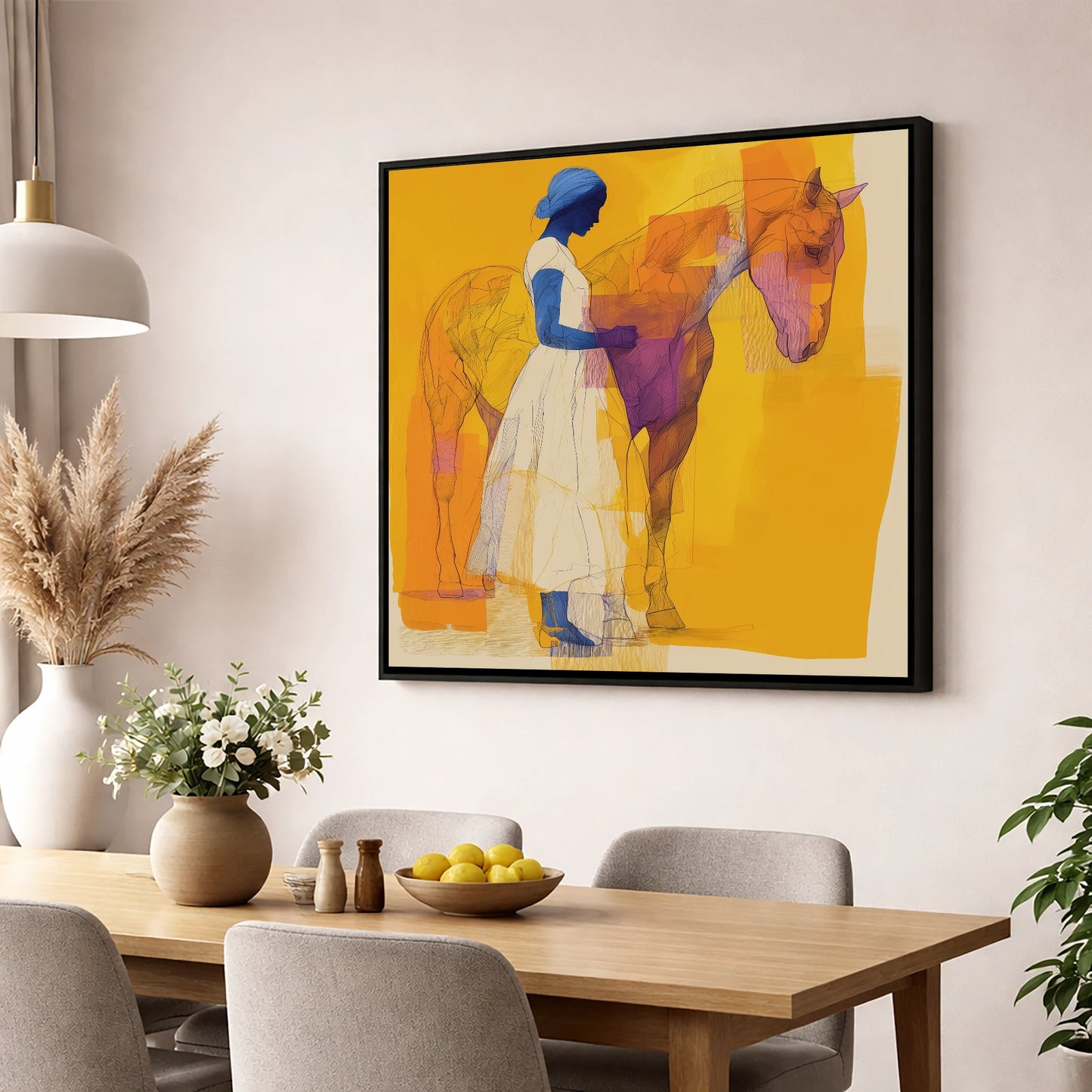 Structured Harmony horse & rider wall art displayed in a dining room