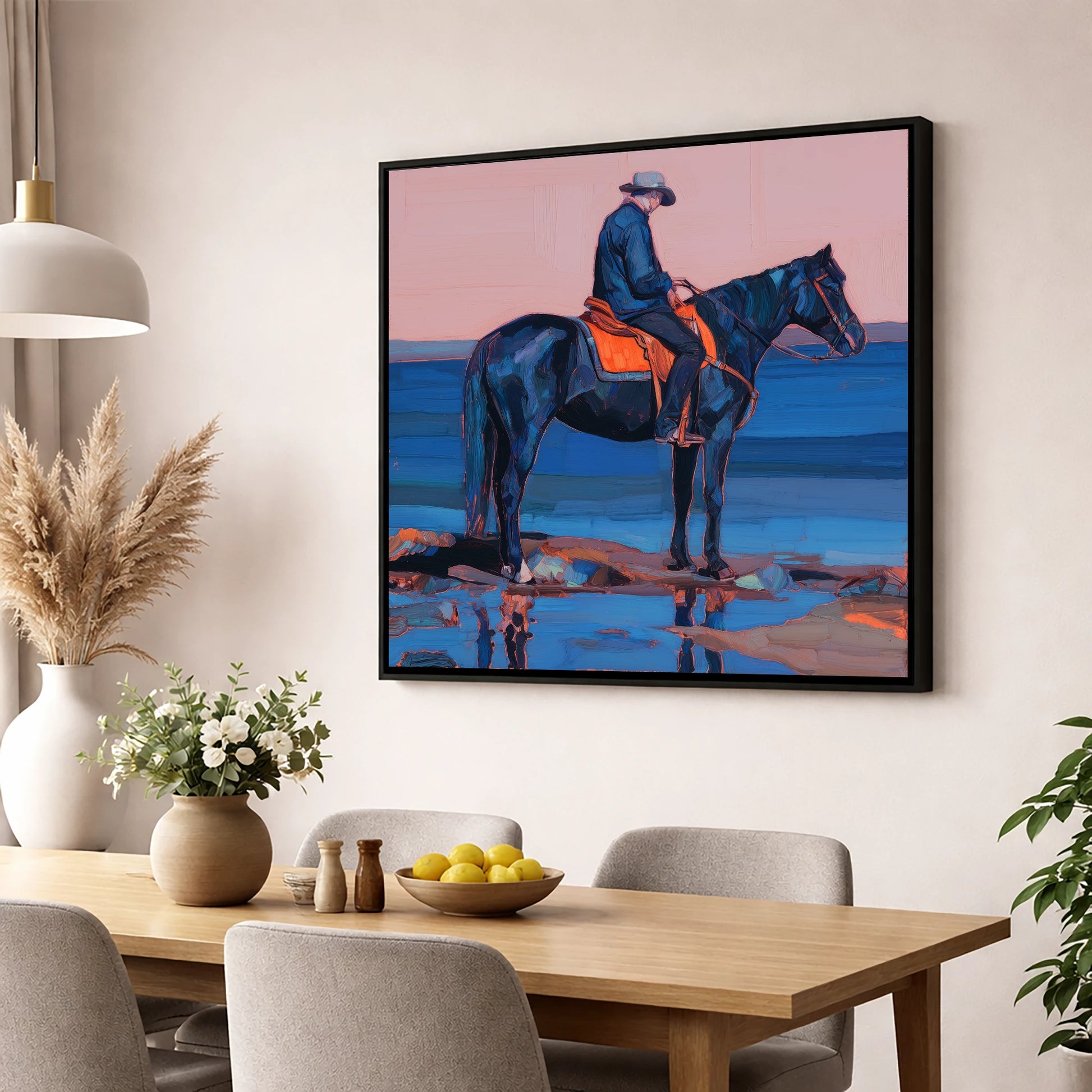 Indigo Shoreline Rider beach horse wall art displayed in a dining room