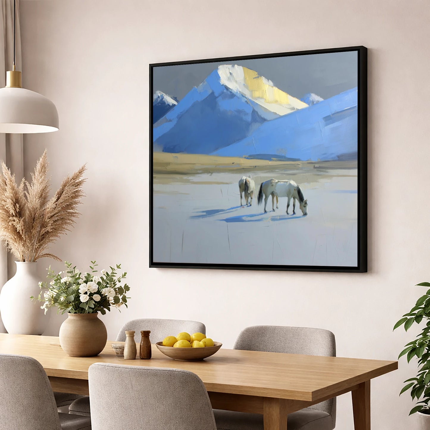 Golden Peak Grazing horse landscape wall art displayed in a dining room