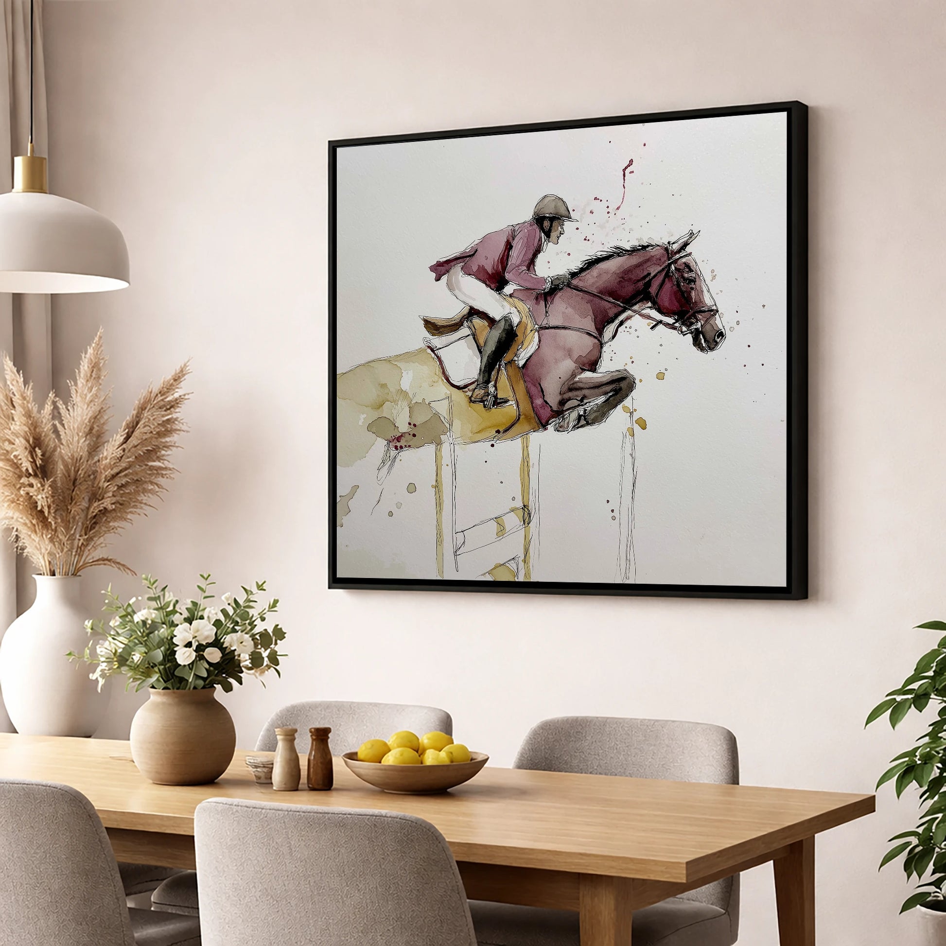 Burgundy Flight show jumping horse wall art displayed in a dining room