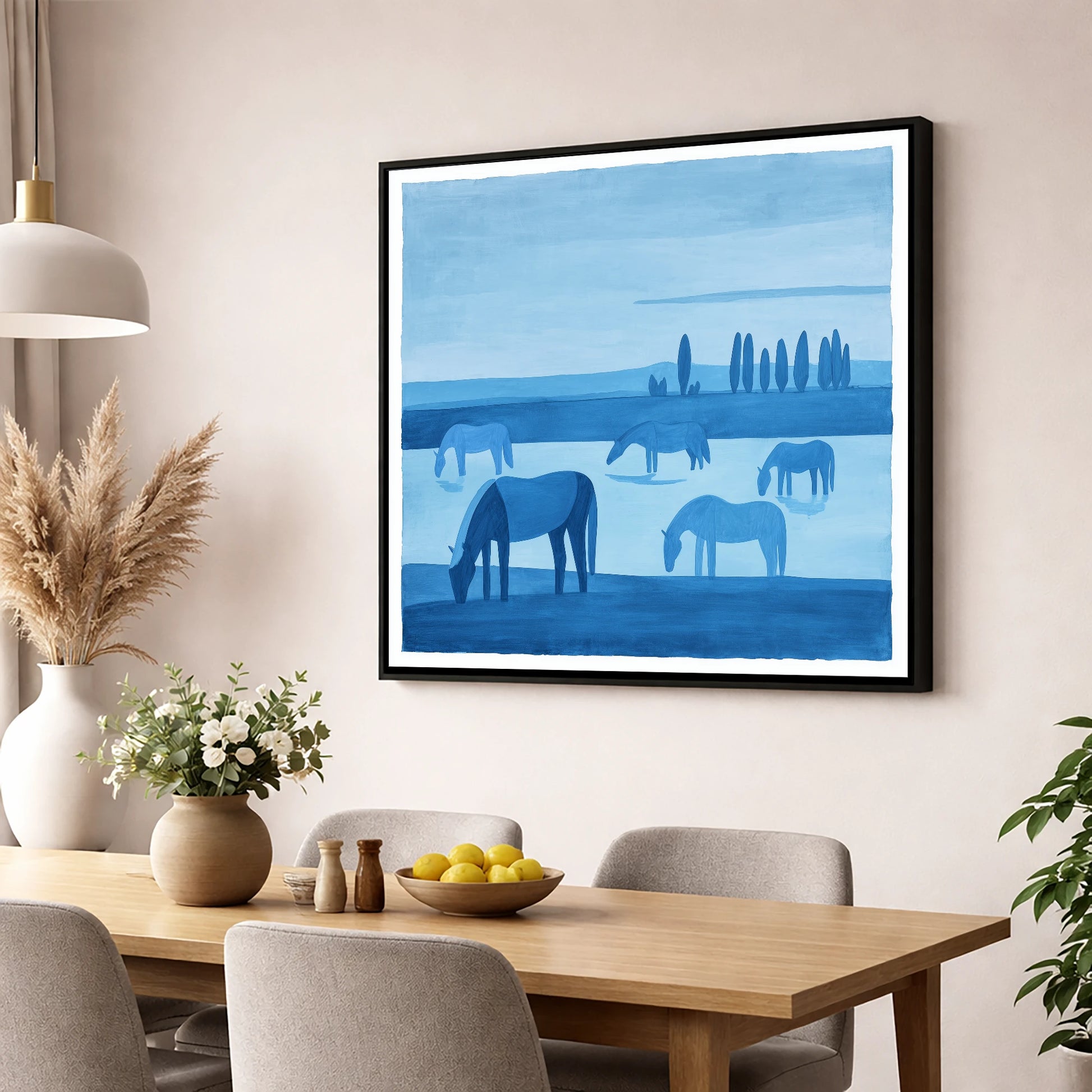 Azure Meadow Grazing horse landscape wall art displayed in a dining room