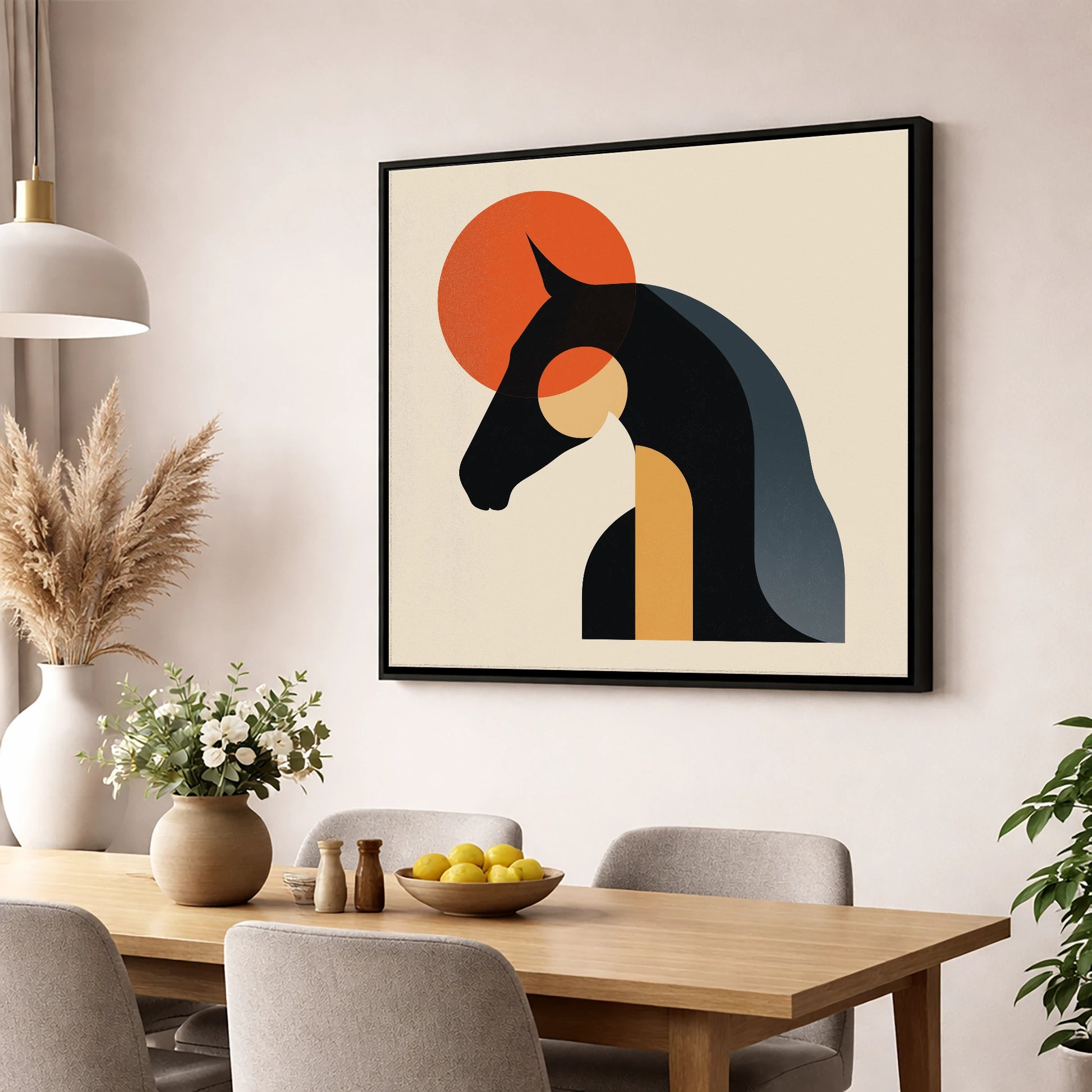 Geometric Equine Harmony horse & rider wall art displayed in a dining room