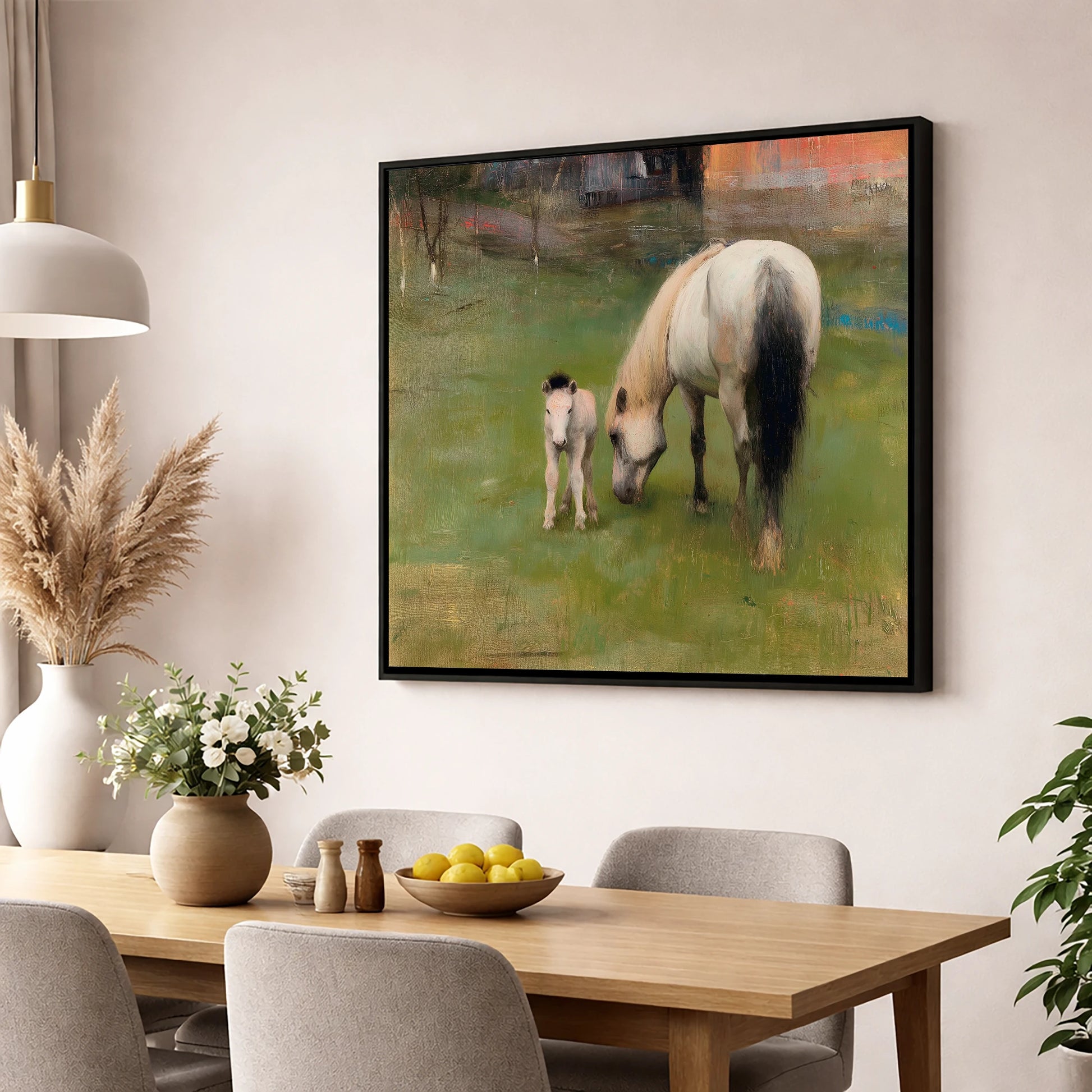 Quiet Pastoral Bond mare & foal wall art displayed in a dining room