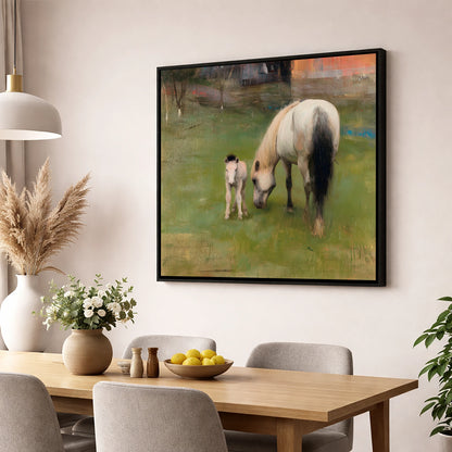Quiet Pastoral Bond mare & foal wall art displayed in a dining room