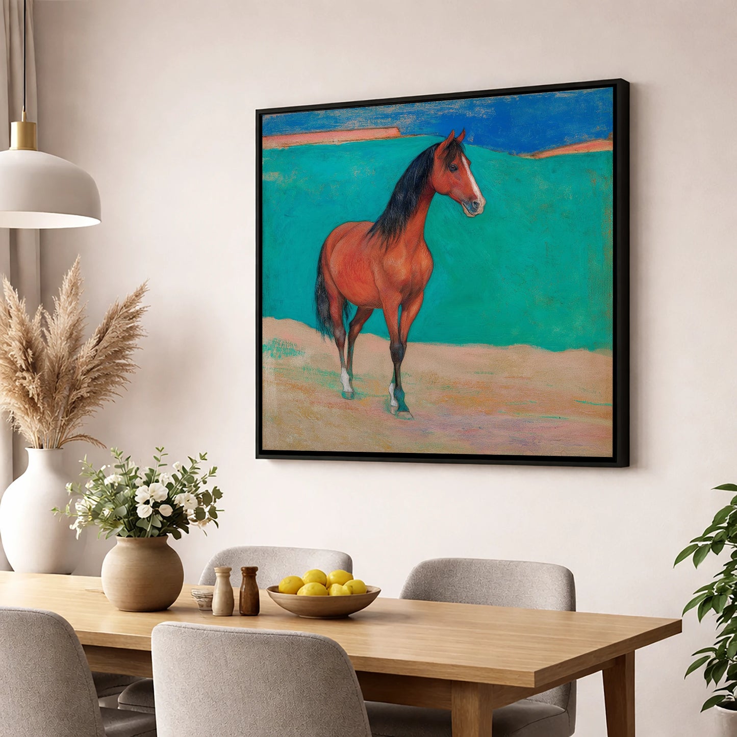 Radiant Chestnut Profile horse breed wall art displayed in a dining room