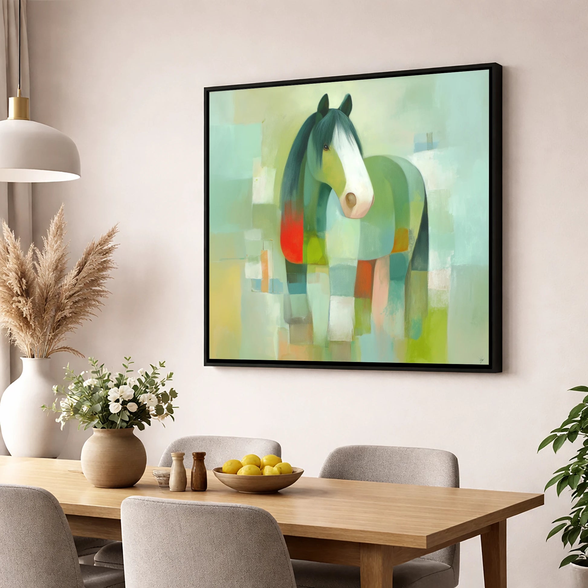 Modern Geometric Cob horse breed wall art displayed in a dining room