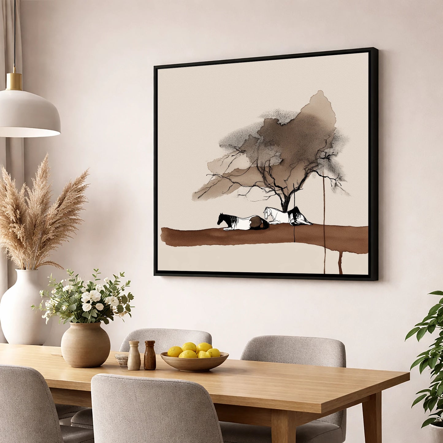 Resting Under the Canopy horse landscape wall art displayed in a dining room