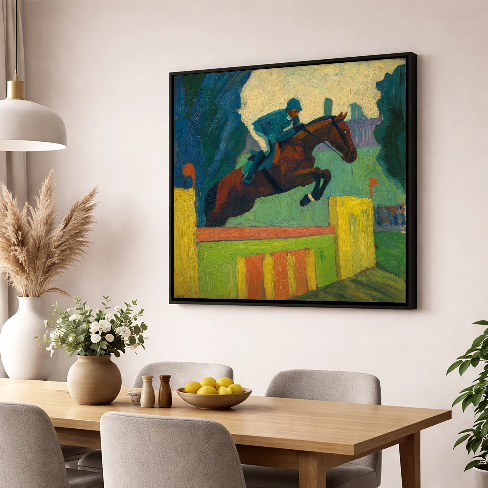 Over the Vivid Wall show jumping horse wall art displayed in a dining room