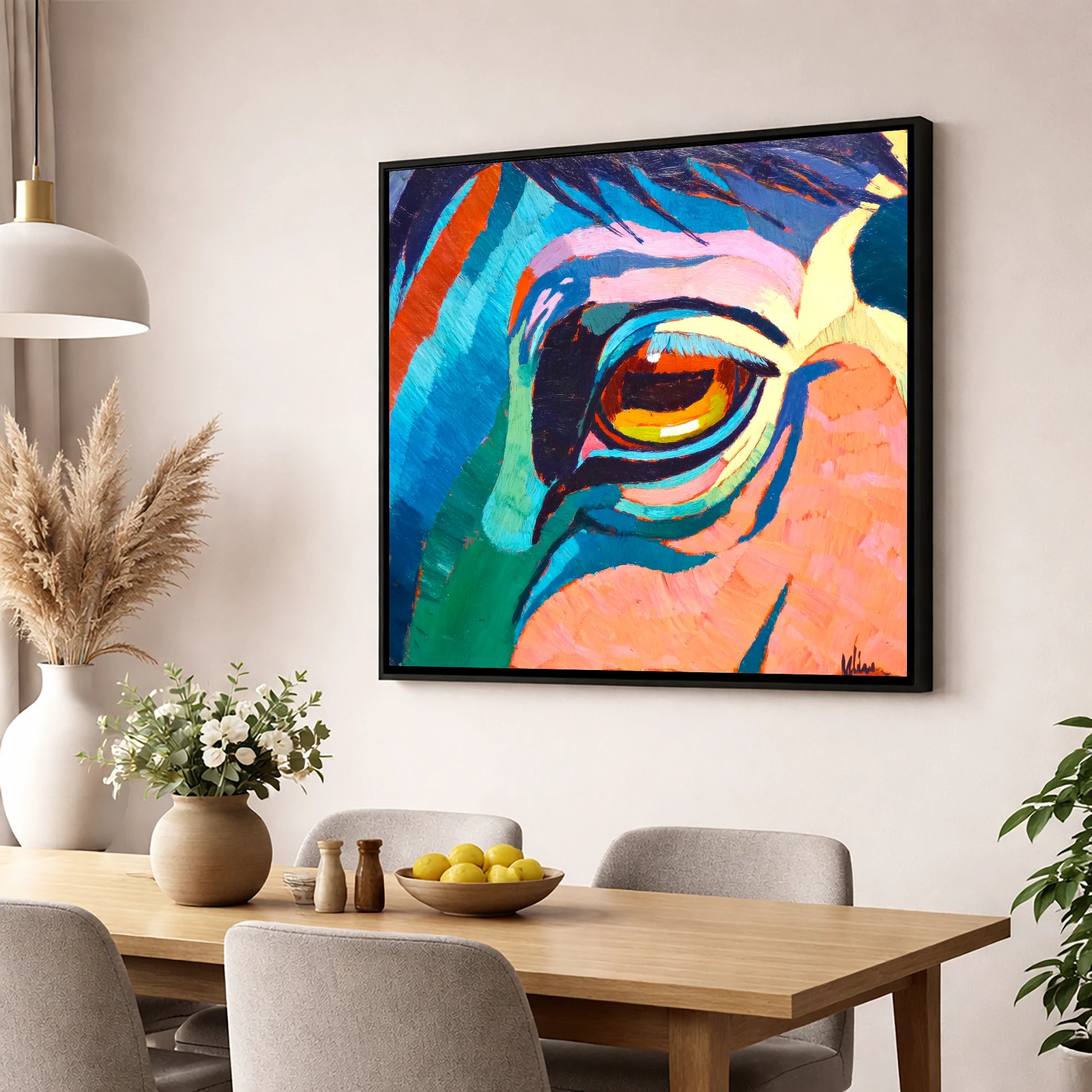 Vibrant Equine Gaze horse portrait wall art displayed in a dining room