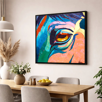 Vibrant Equine Gaze horse portrait wall art displayed in a dining room