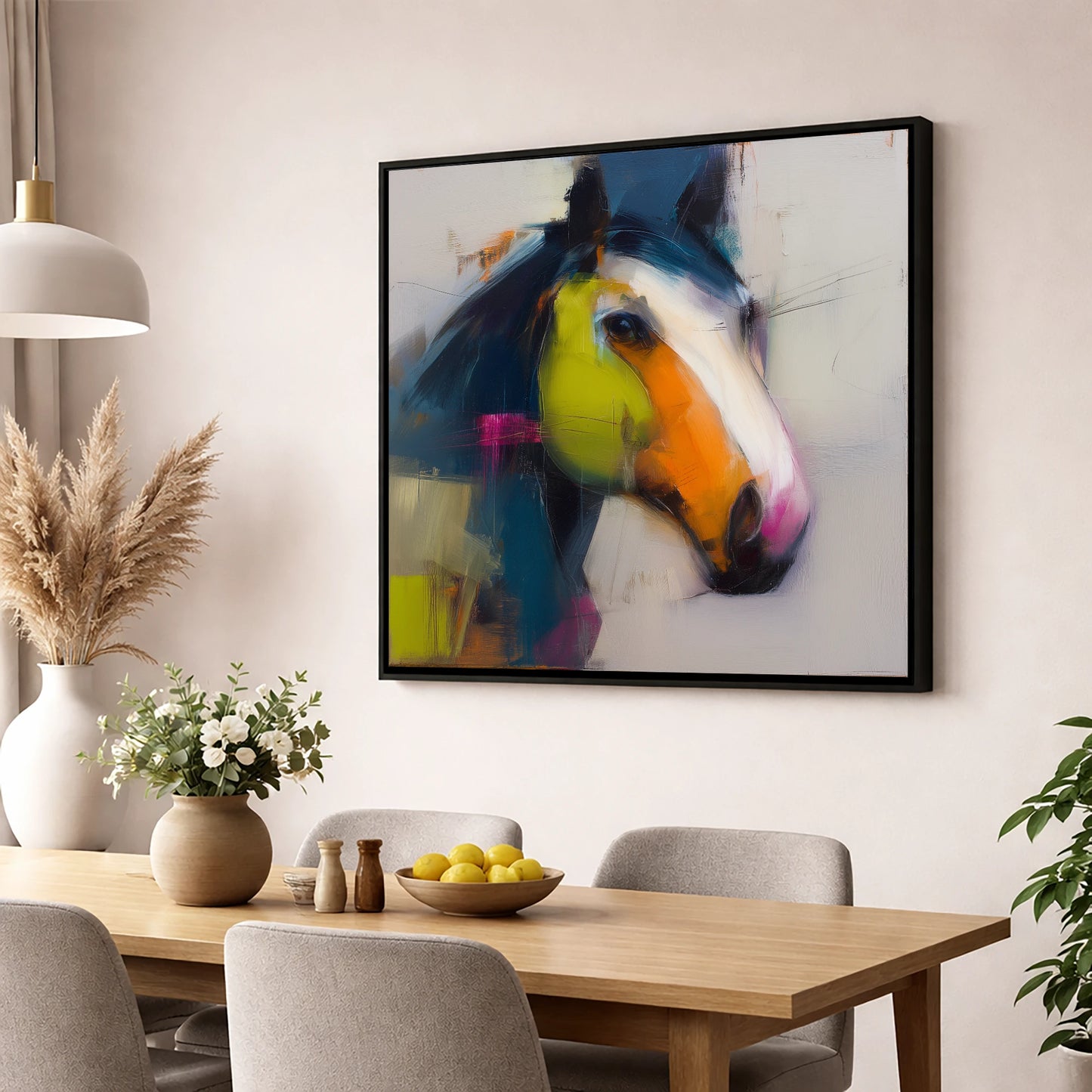 Vibrant Contemporary Profile horse portrait wall art displayed in a dining room