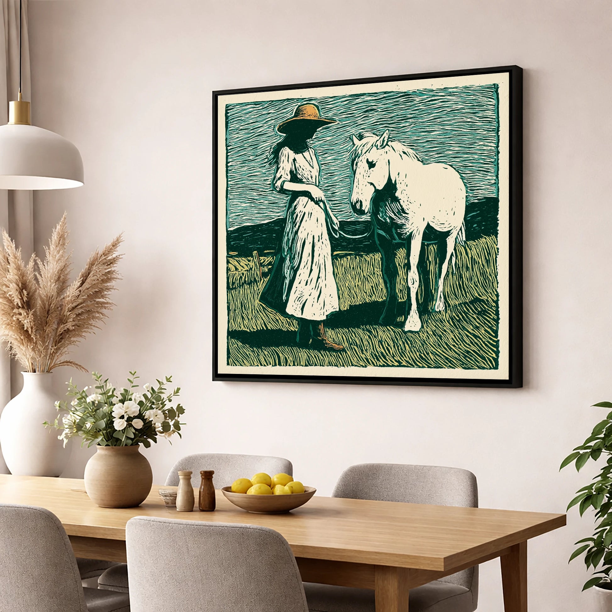 Windswept Companions horse & rider wall art displayed in a dining room