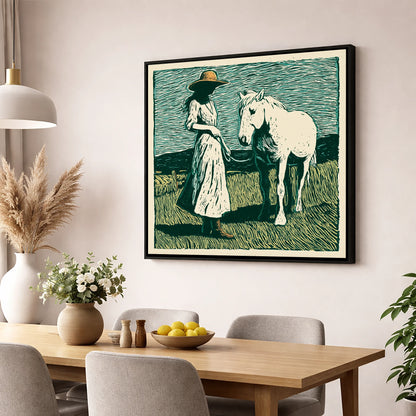Windswept Companions horse & rider wall art displayed in a dining room