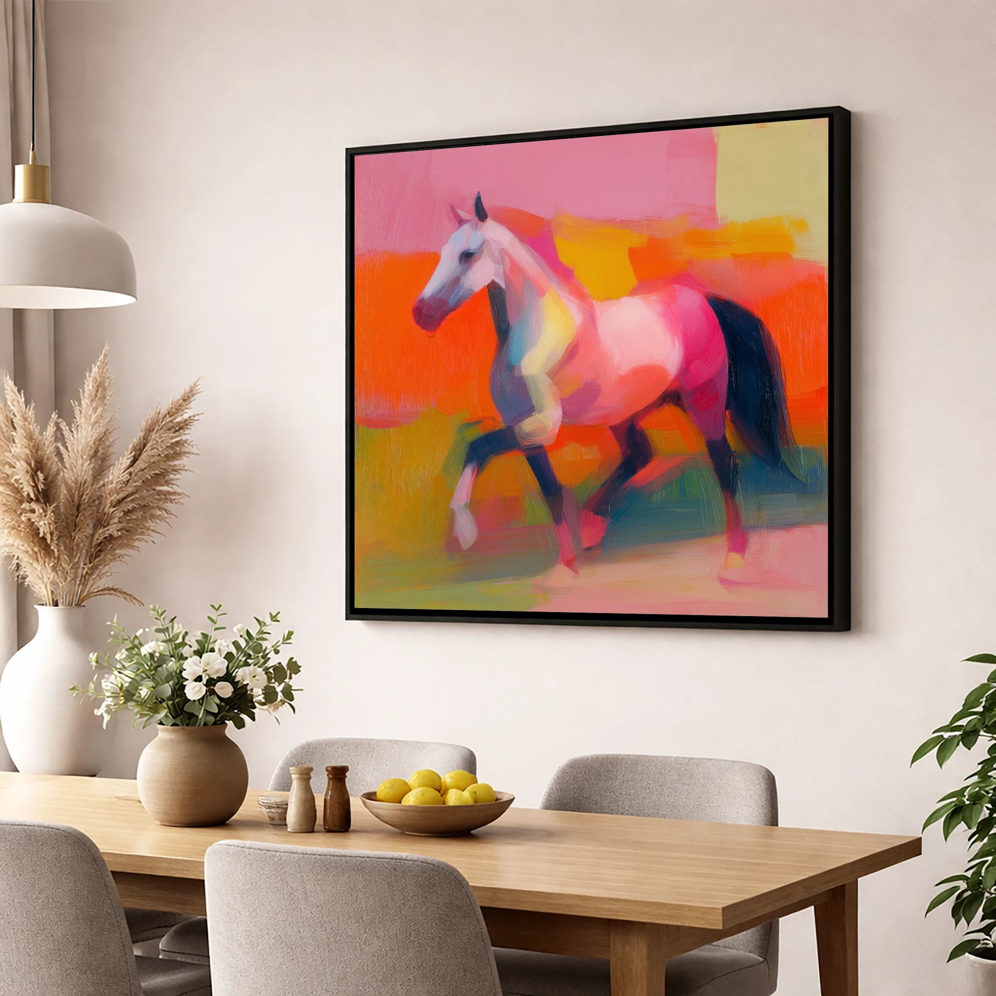 Vivid Equine Stride horse breed wall art displayed in a dining room