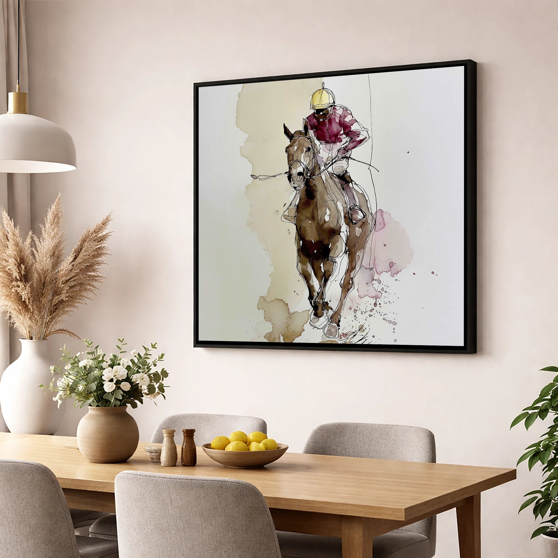Furlong Flow in Burgundy racing horse wall art displayed in a dining room