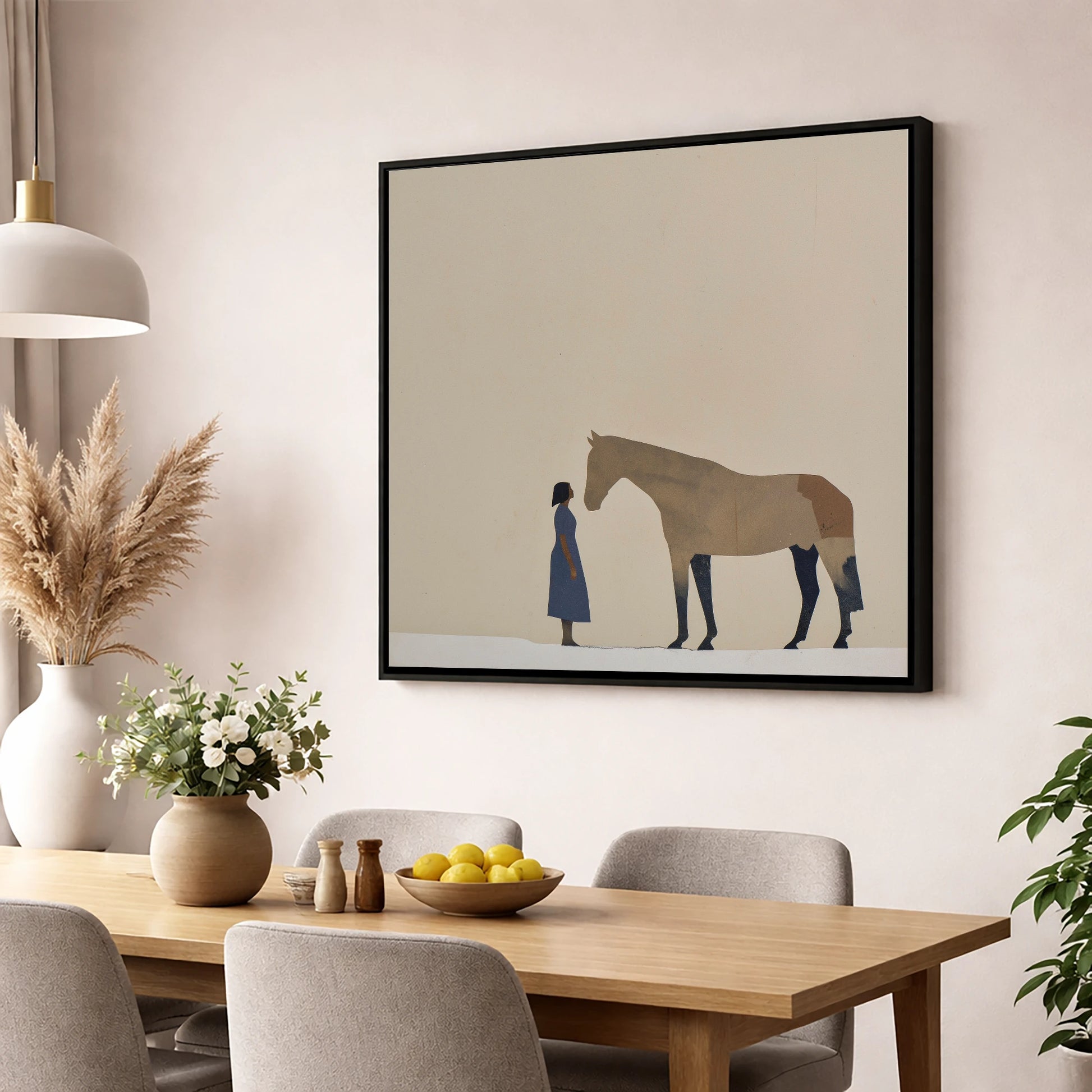 Silent Conversation horse & rider wall art displayed in a dining room