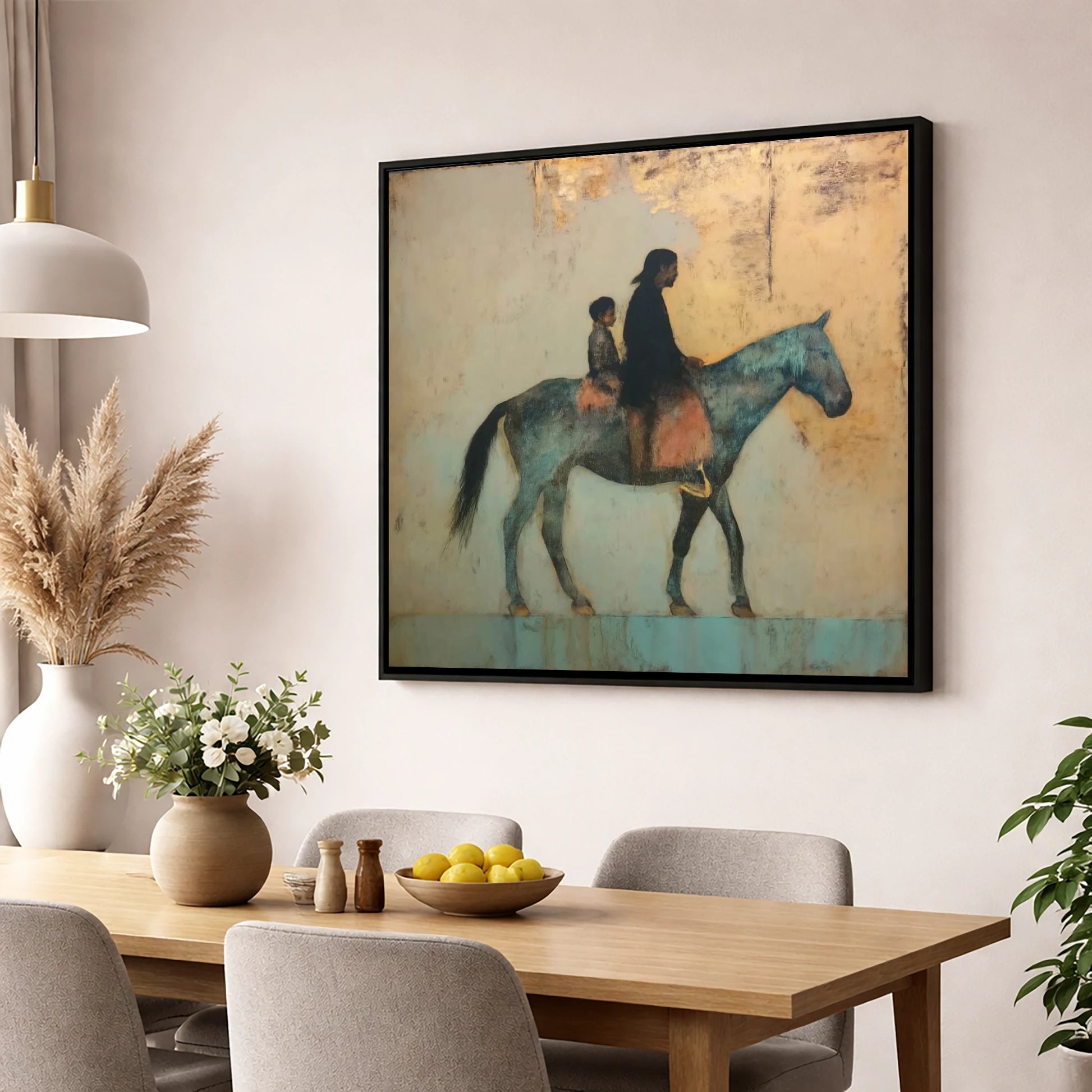 Timeless Golden Journey horse & rider wall art displayed in a dining room