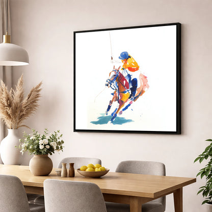 Dynamic Chukka polo horse wall art displayed in a dining room