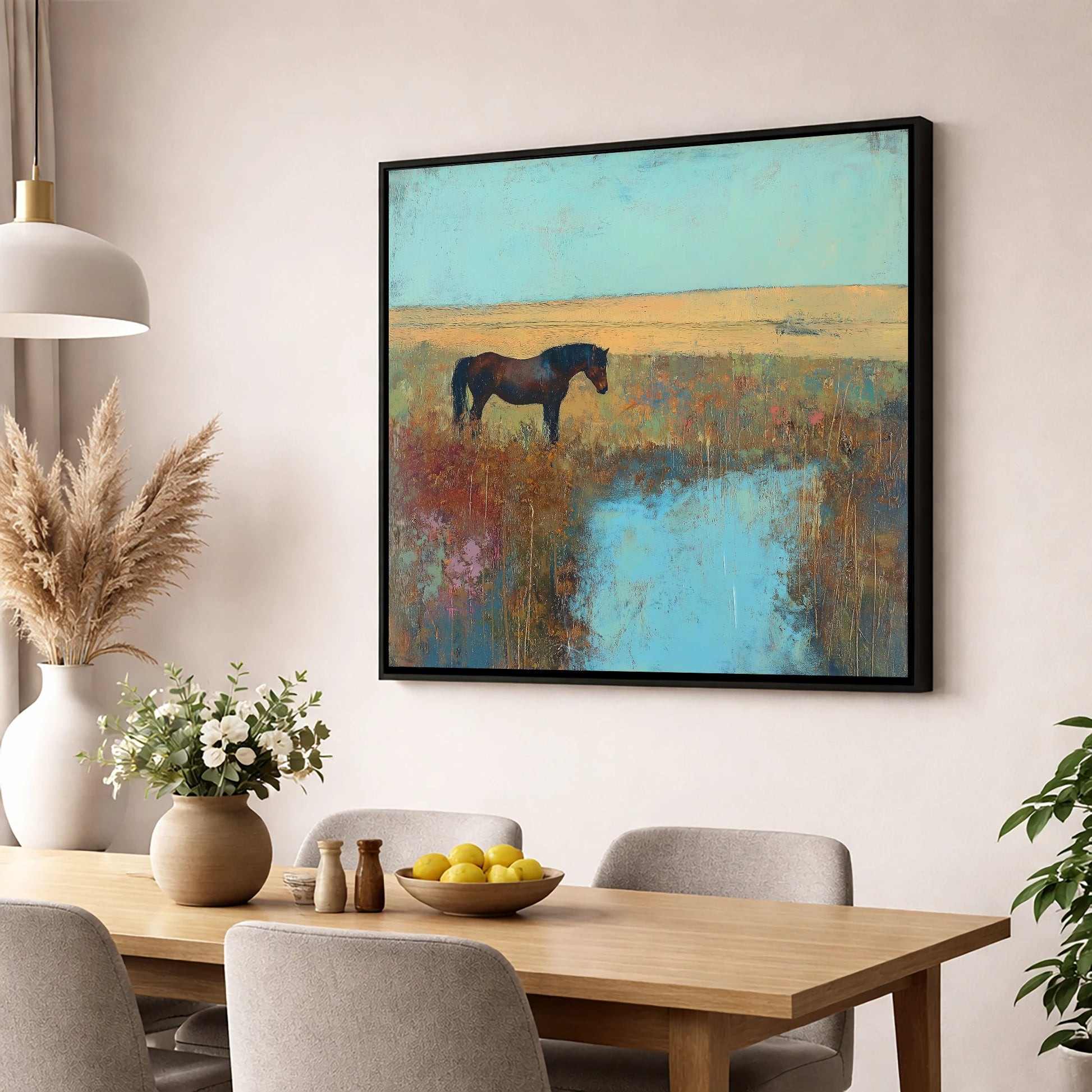 Silent Waters horse landscape wall art displayed in a dining room