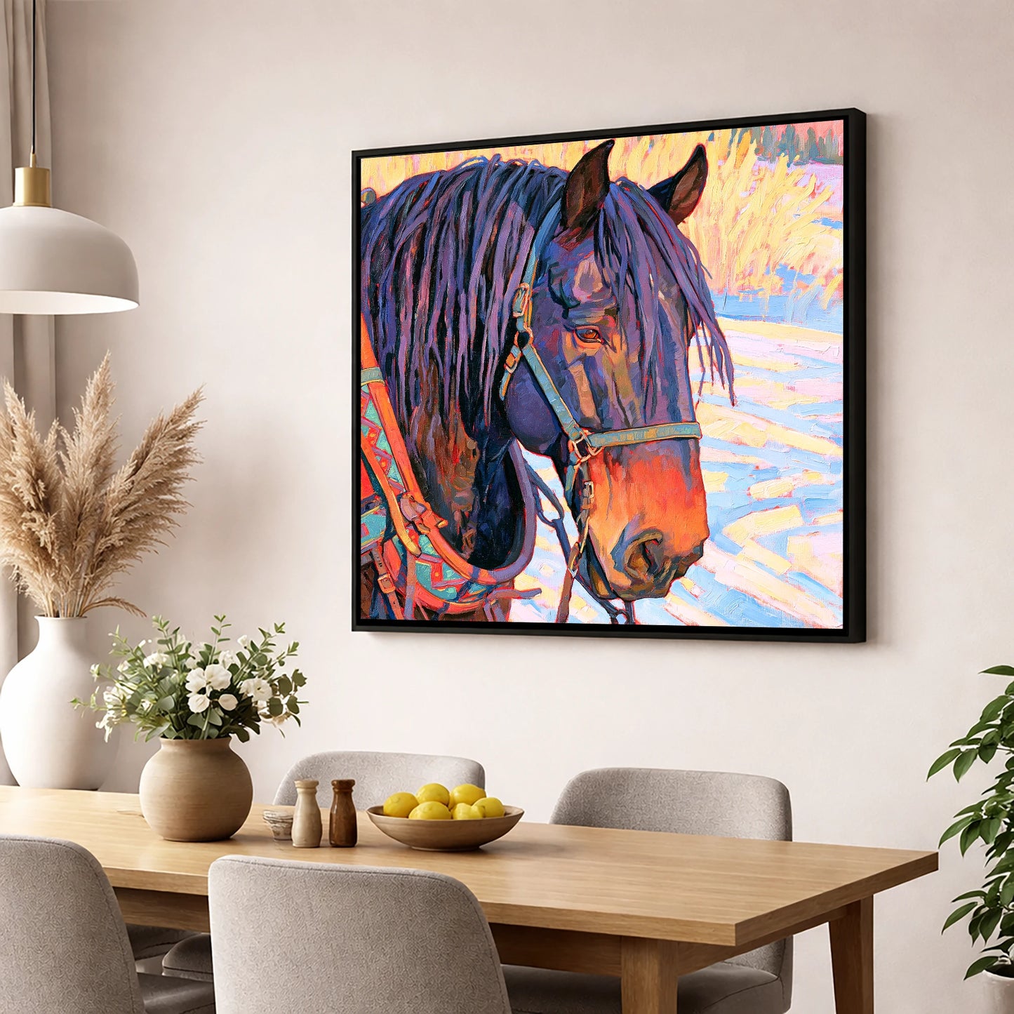 Vibrant Heavy Horse In Winter Light horse breed wall art displayed in a dining room