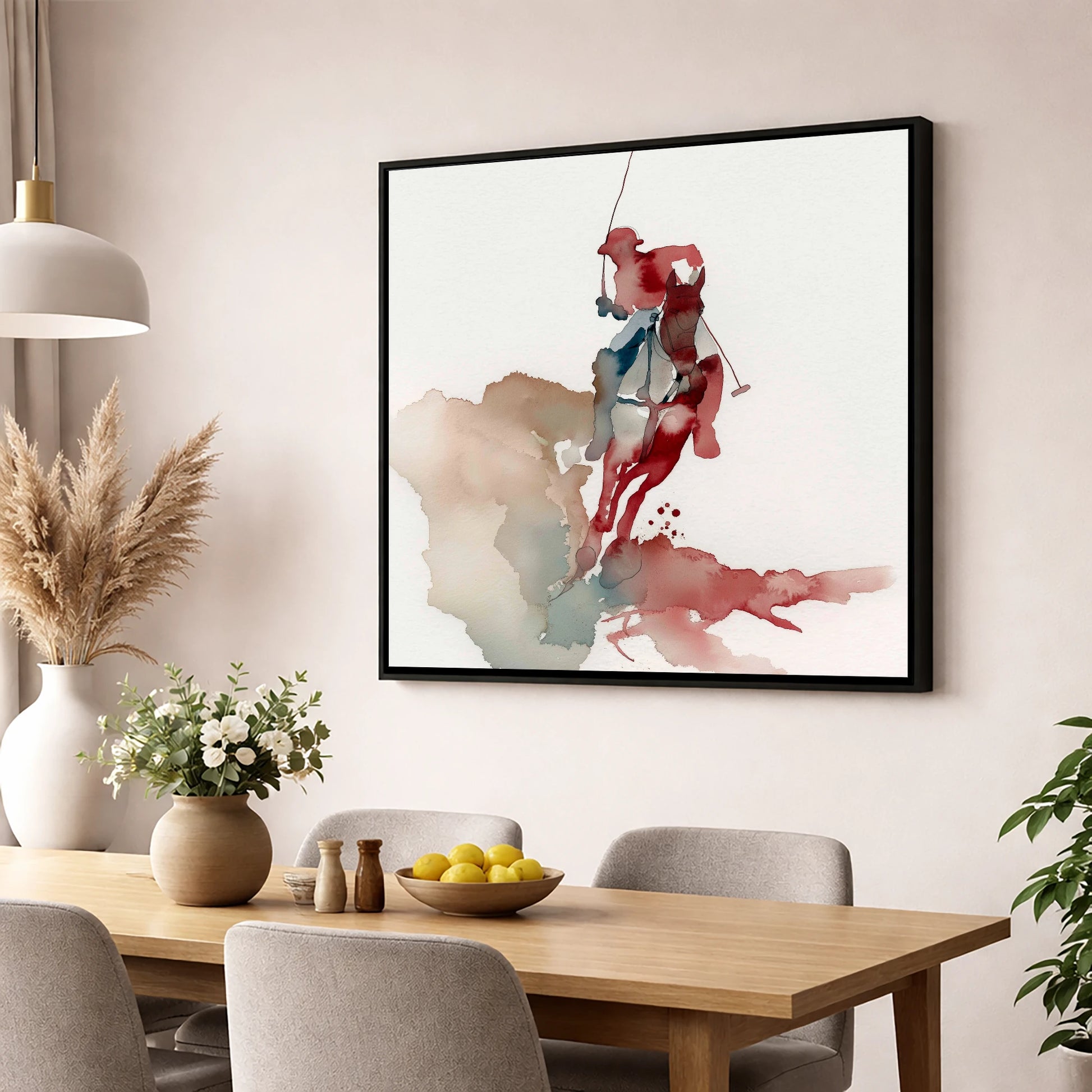Crimson Chukka Strike polo horse wall art displayed in a dining room