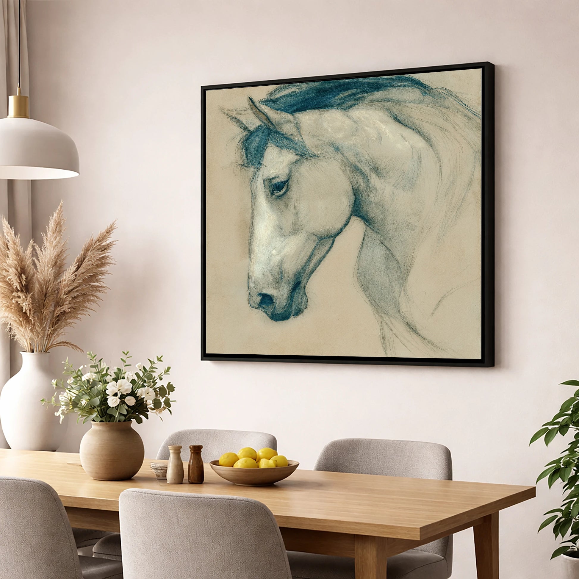 Quiet Grey Profile horse portrait wall art displayed in a dining room