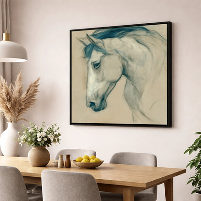 Quiet Grey Profile horse portrait wall art displayed in a dining room
