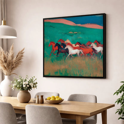 Crimson and Emerald Herd wild horses wall art displayed in a dining room