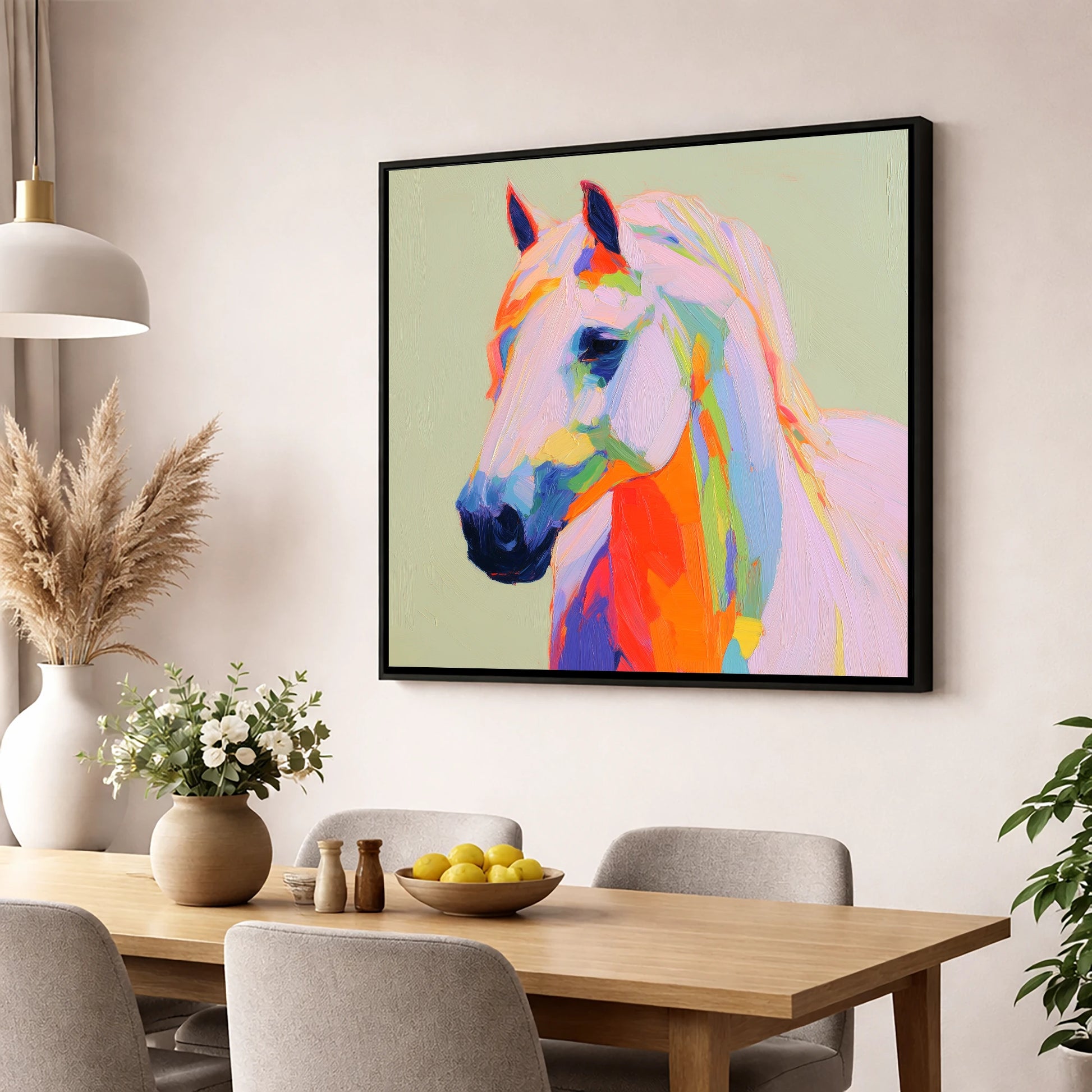 Vivid Equine Profile horse breed wall art displayed in a dining room