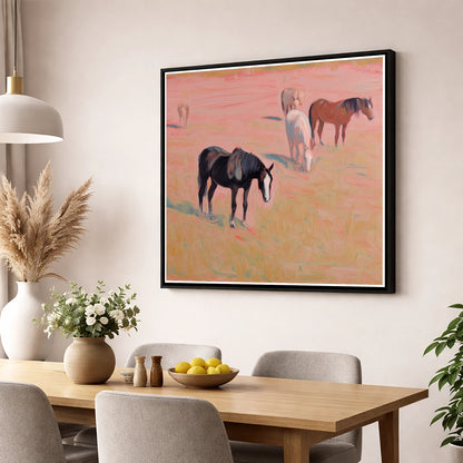 Dusky Rosa Pastures wild horses wall art displayed in a dining room