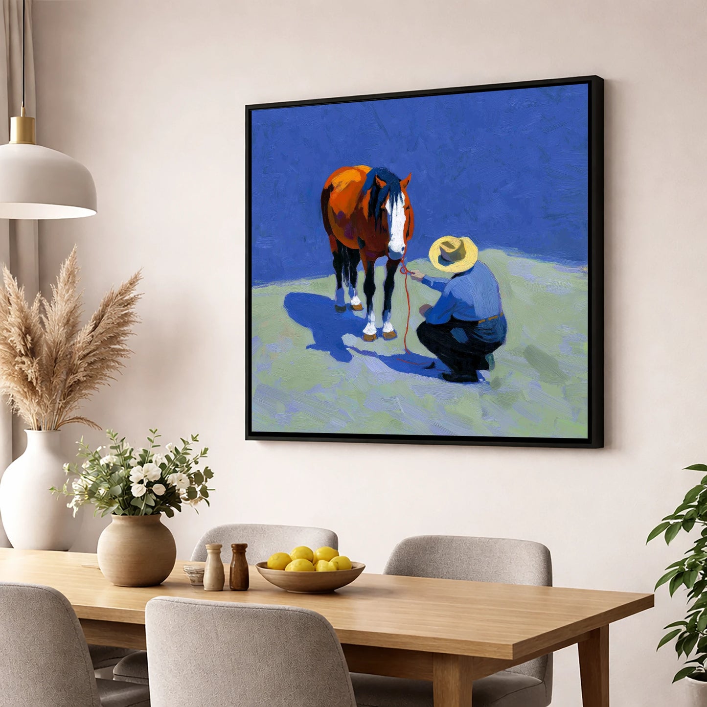 Sunlit Western Bond western horse wall art displayed in a dining room