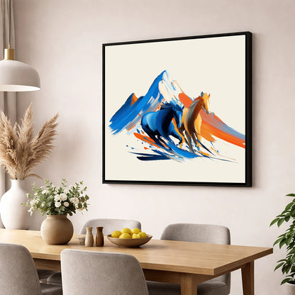 Vivid Mountain Strides horse landscape wall art displayed in a dining room