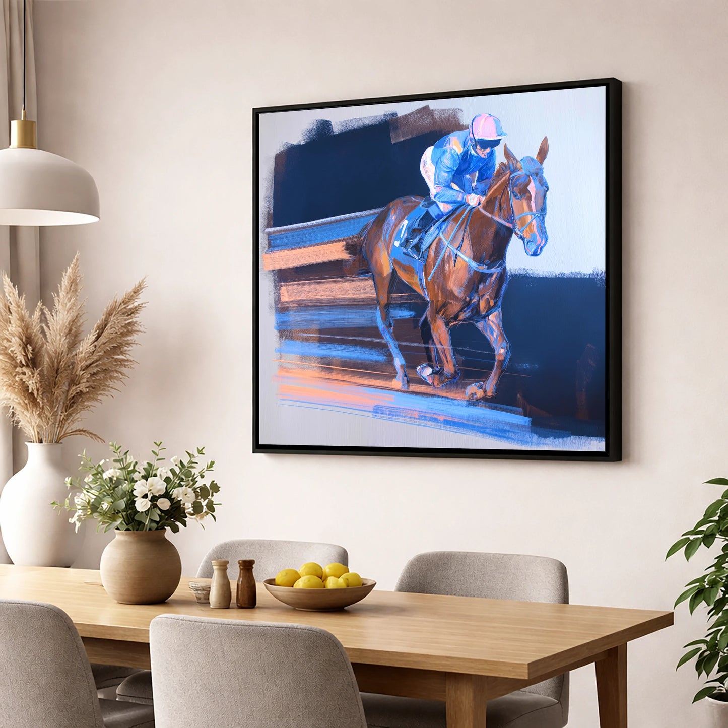 Velocity in Blue racing horse wall art displayed in a dining room