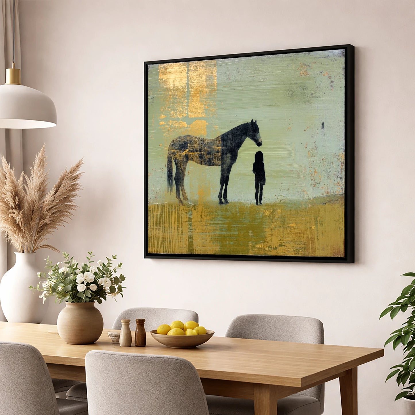 Gilded Connection horse & rider wall art displayed in a dining room