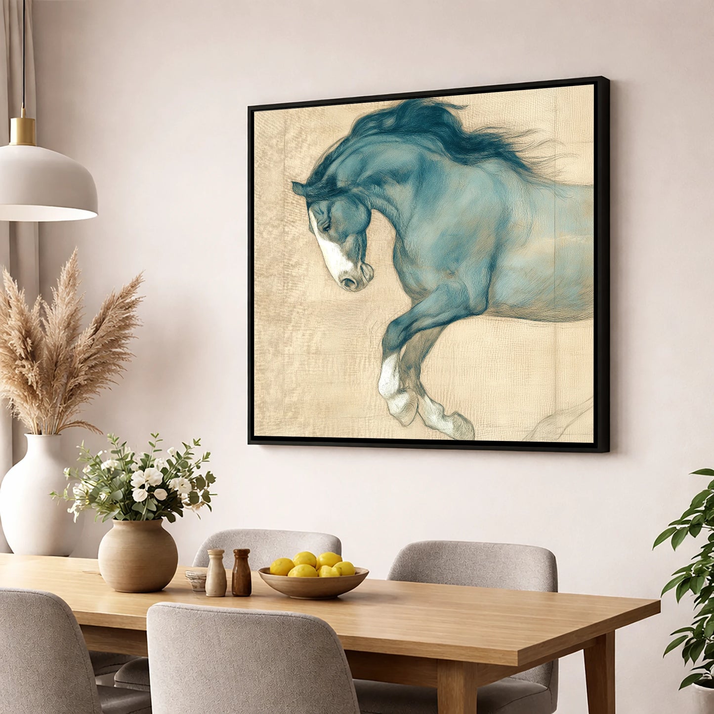 Study in Teal horse portrait wall art displayed in a dining room