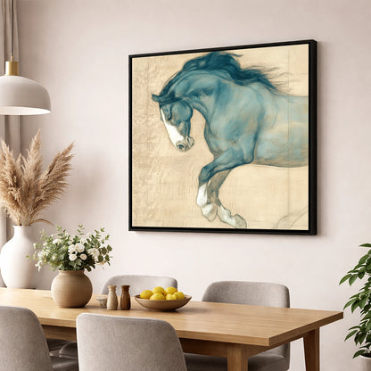 Study in Teal horse portrait wall art displayed in a dining room