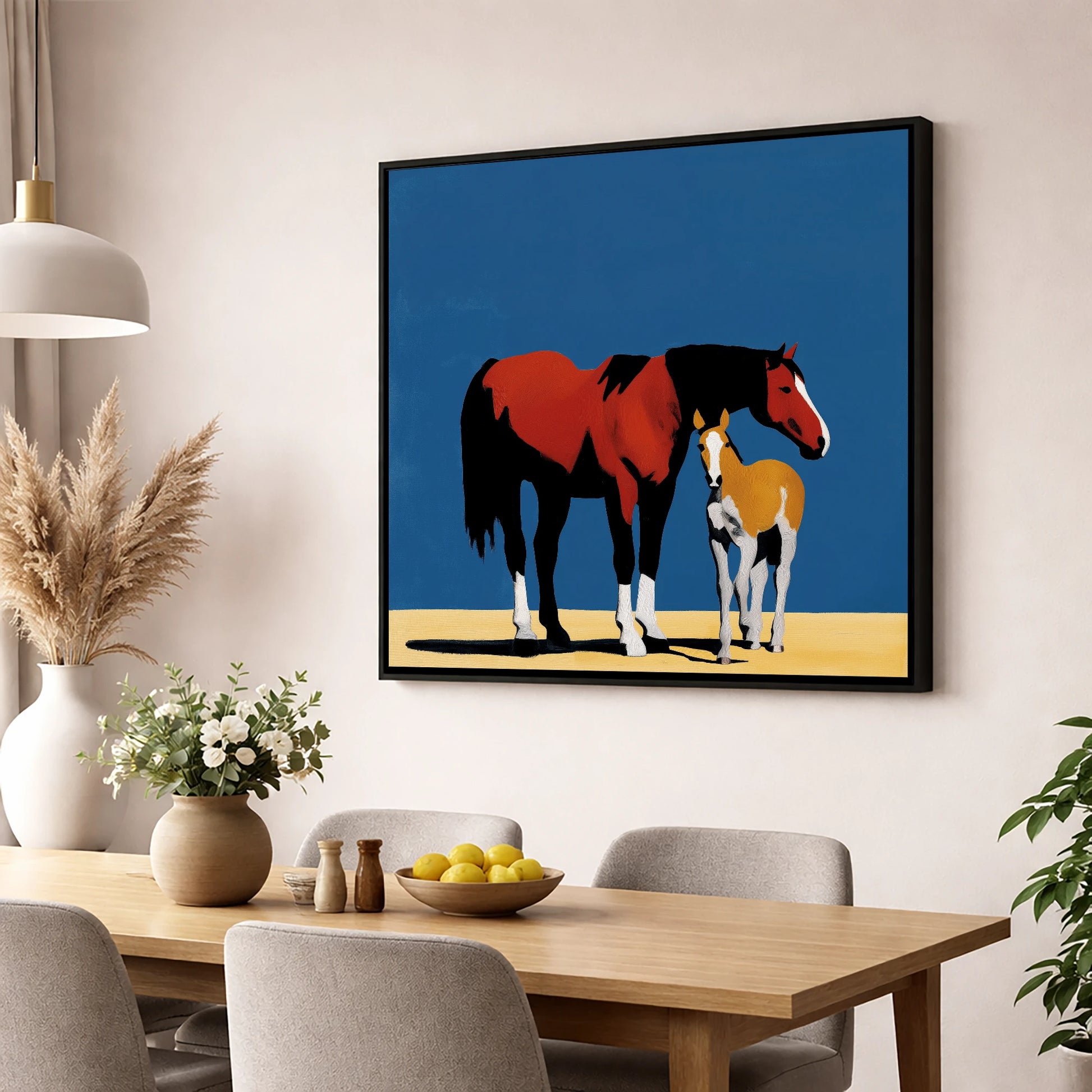 Bold Modern Devotion mare & foal wall art displayed in a dining room