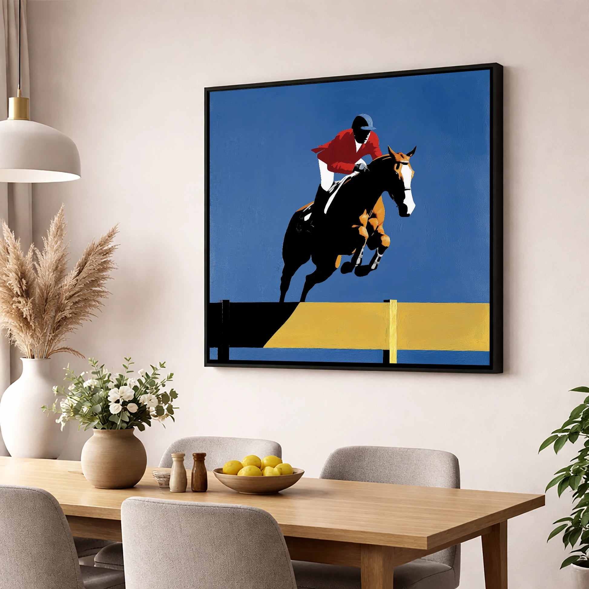 Suspended in Blue show jumping horse wall art displayed in a dining room
