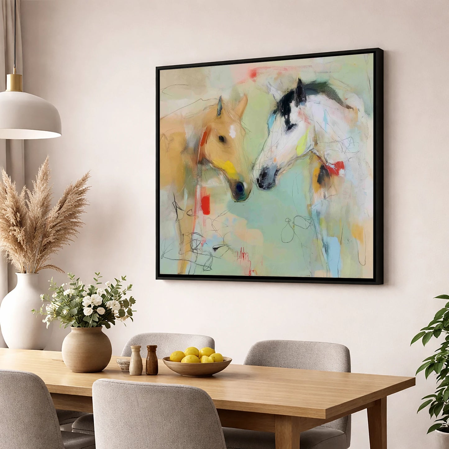 Whispered Secrets horse portrait wall art displayed in a dining room