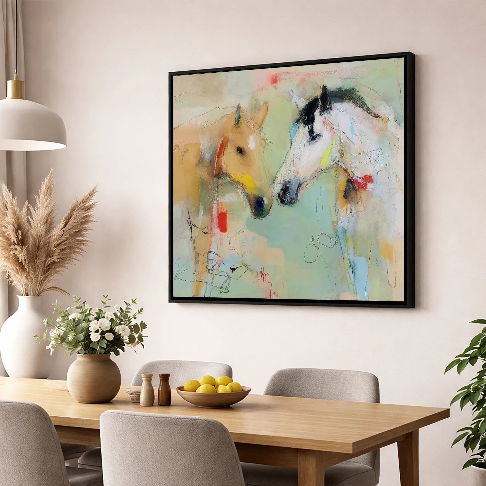 Whispered Secrets horse portrait wall art displayed in a dining room