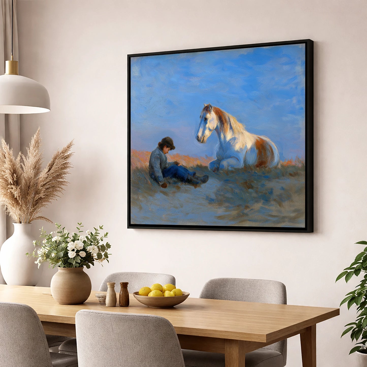 Sunlit Companions horse & rider wall art displayed in a dining room